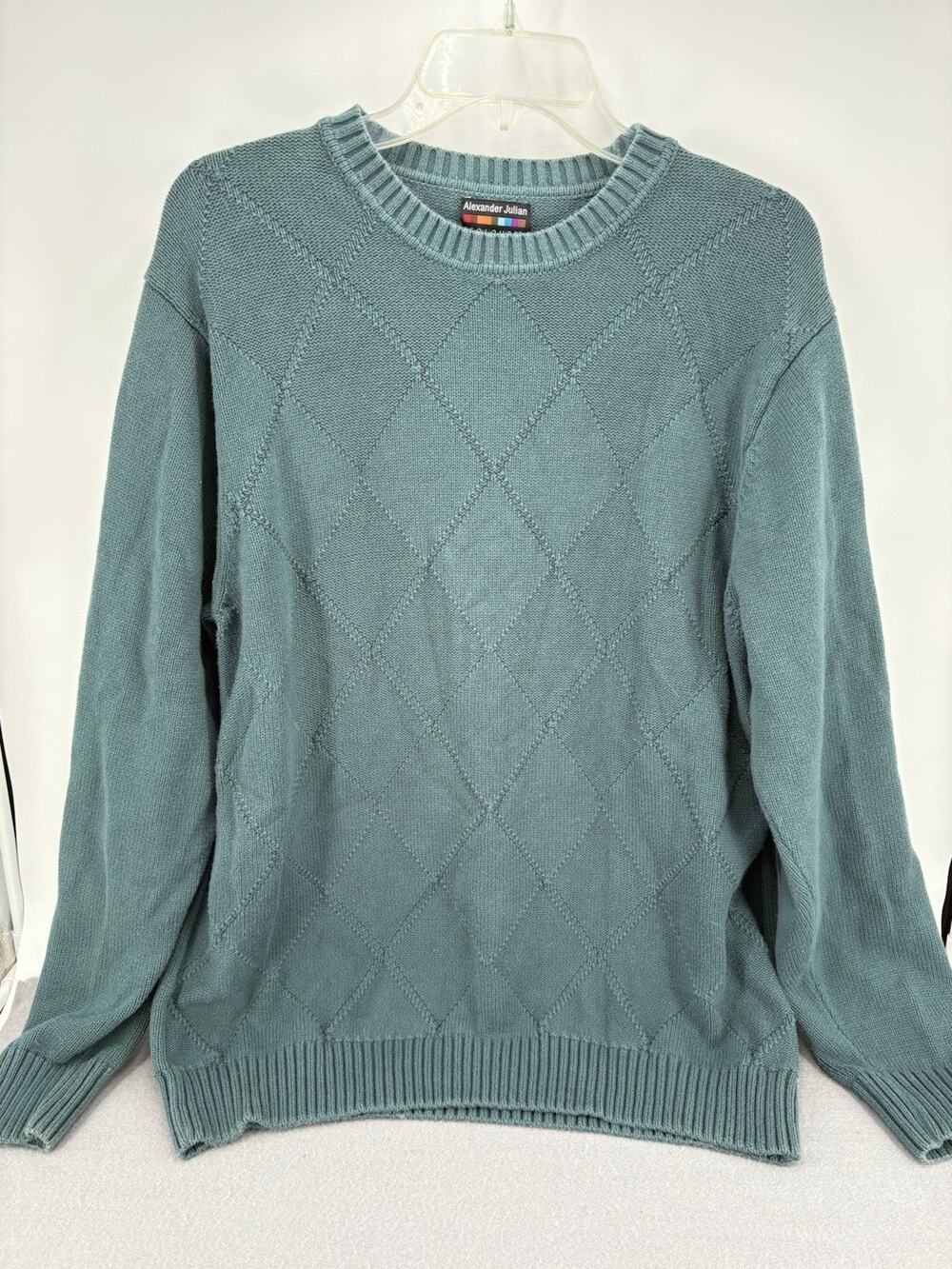 Alexander Julian Colours Men's Large Tall Argyle Knit Sweater Teal Vintage Thick